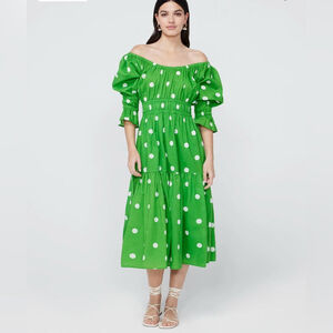 Kitri Margot Green Polka Dot Midi Dress 
Off-Shoulder Dress size 10 large